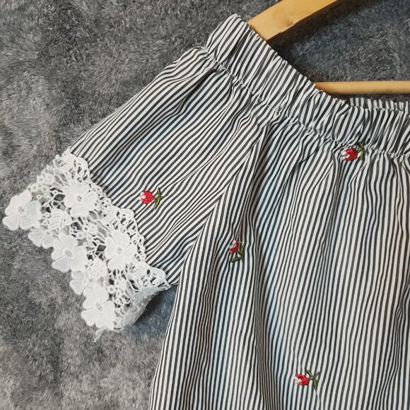 KONTROL Medium Off Shoulder Floral Embroidery STRIPE TOP Elastic Neck 3/4 Sleeve - Picture 8 of 8